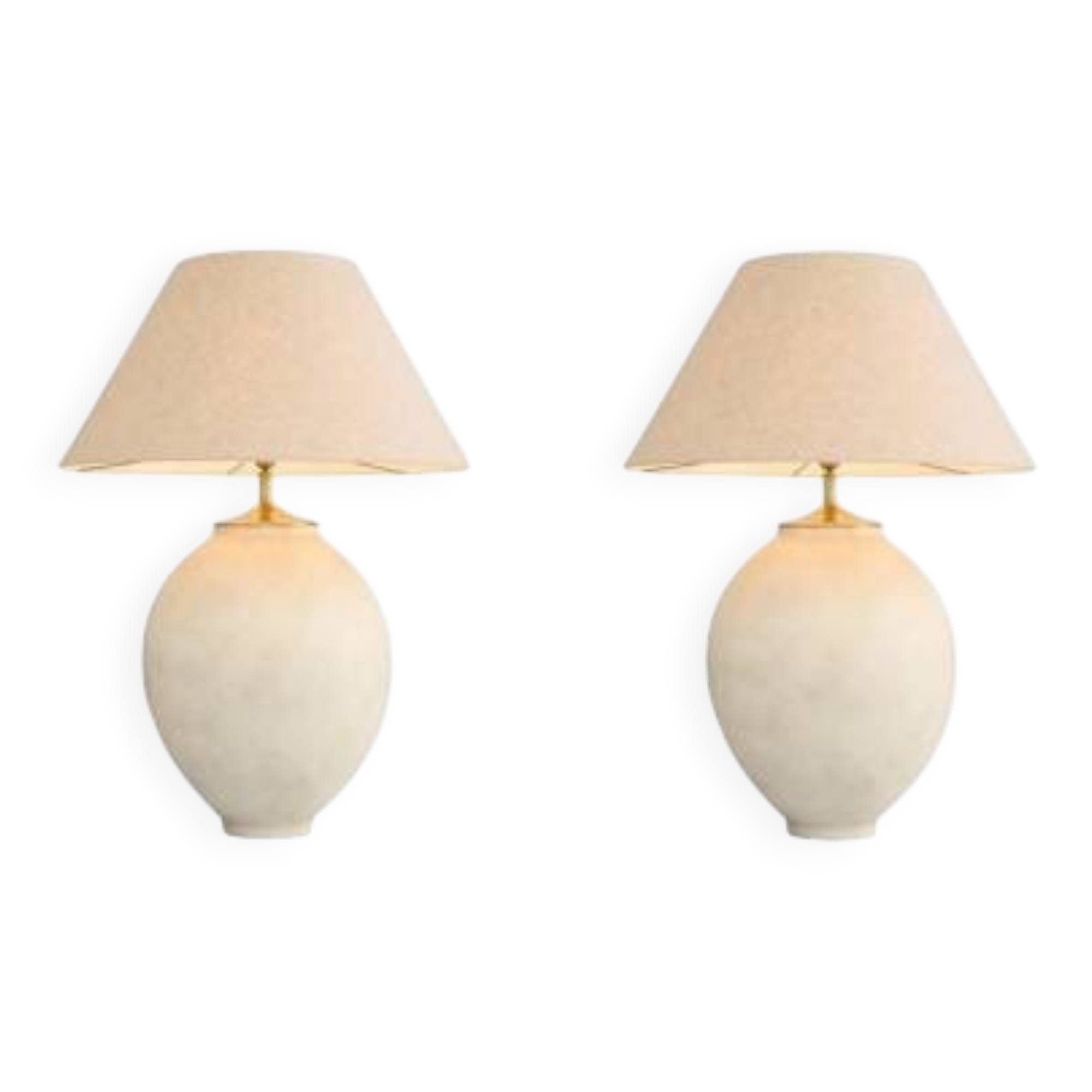 Pair of sand-colored terracotta and brushed brass table lamps