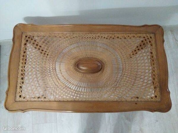 Table basse en cannage et bois vintage