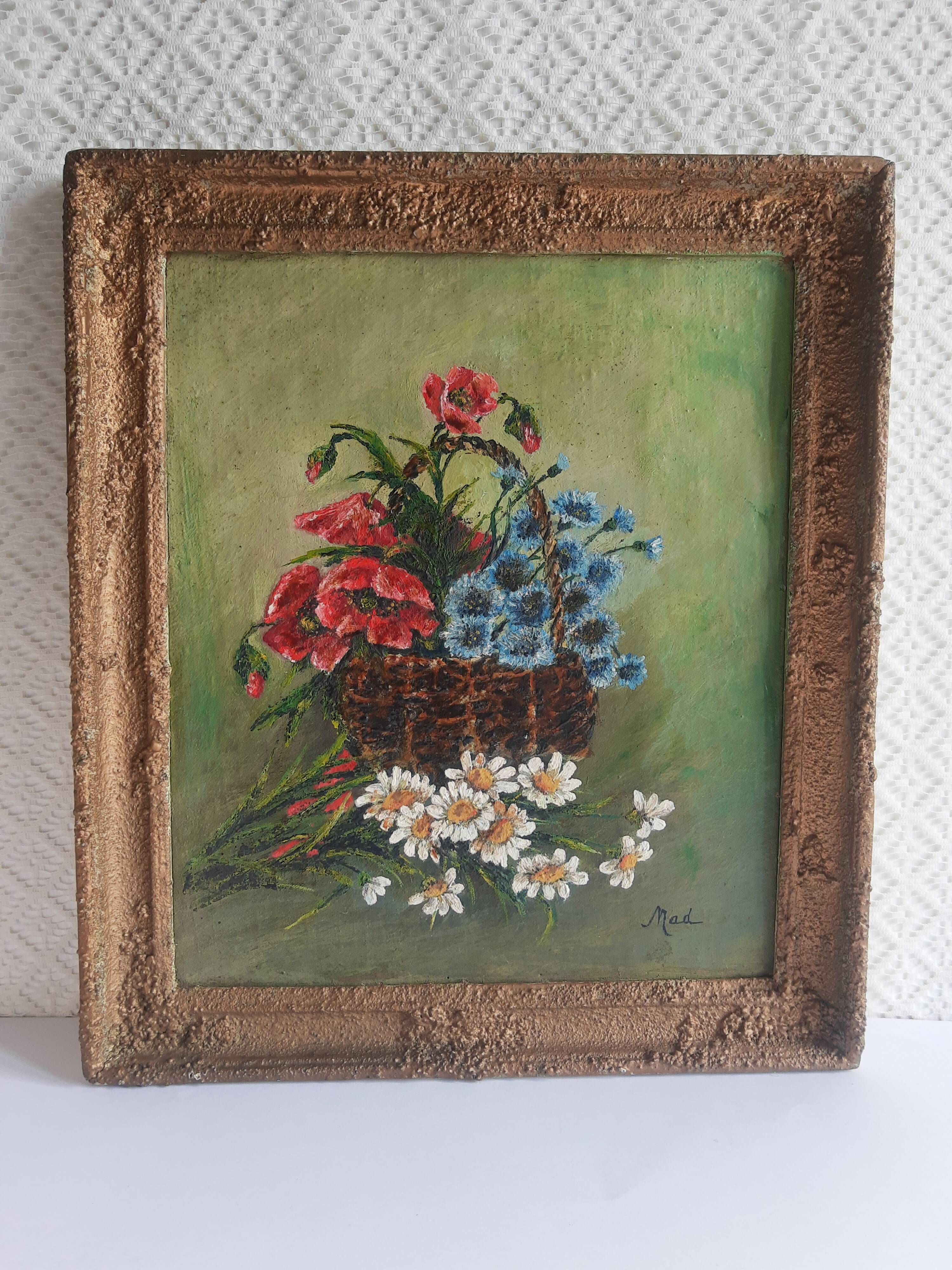 Old vintage flower bouquet painting frame
