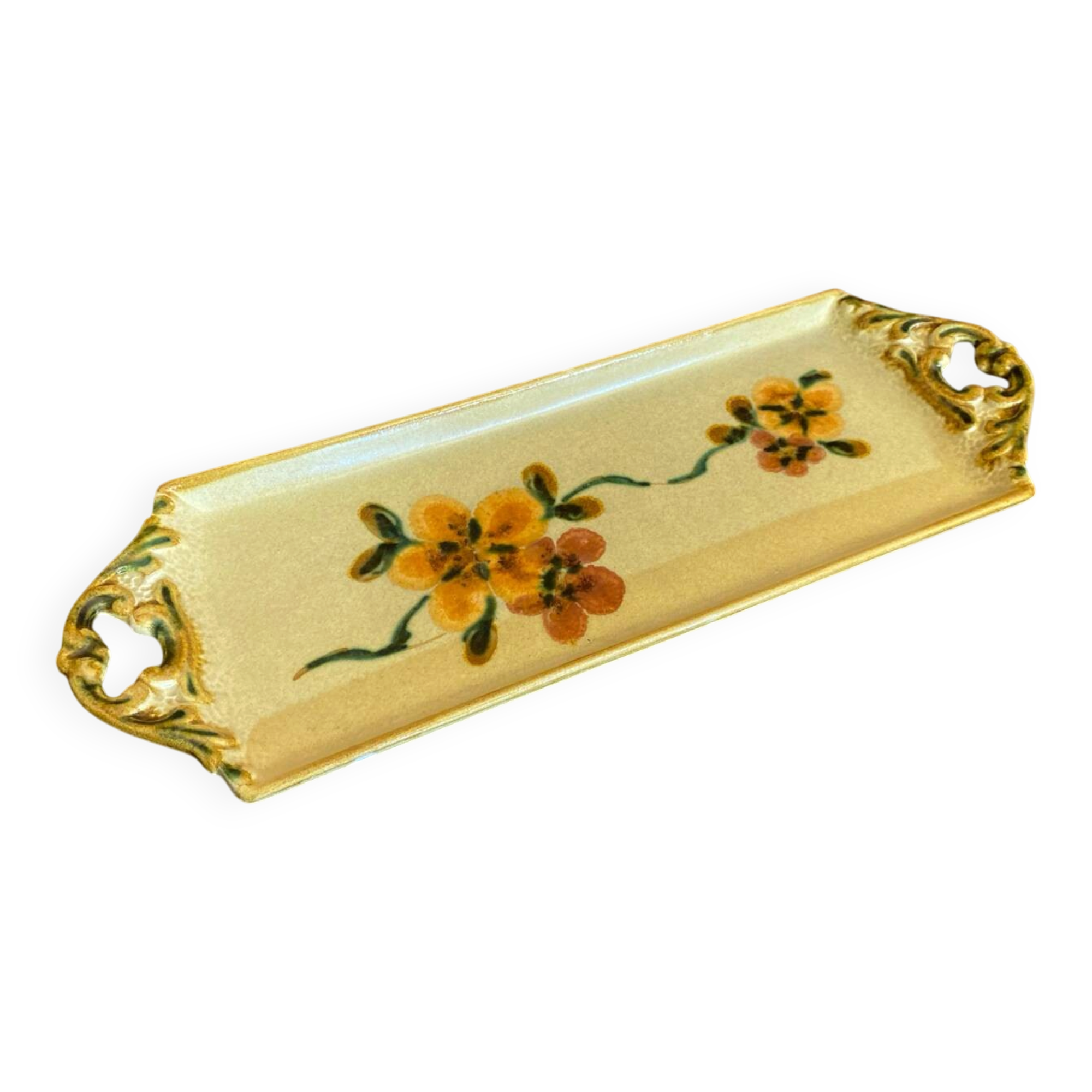 Vintage yellow ceramic cake dish argilart with flower decoration