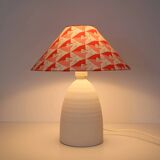 Small lamp with matte finish ceramic base and printed coolie lampshade