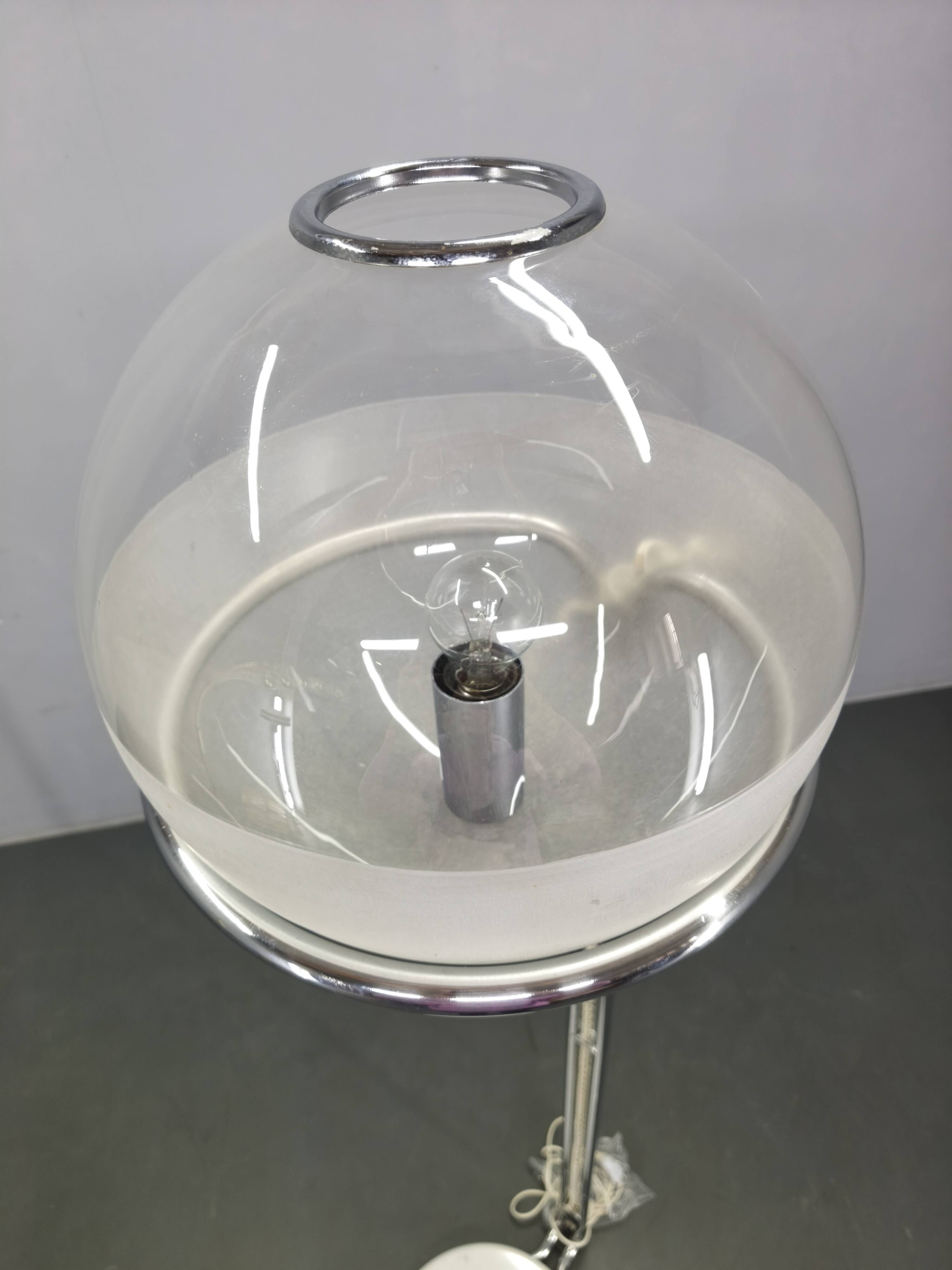 Italian Chrome Floor Lamp Glass Globe, Lenci Style, 1970s
