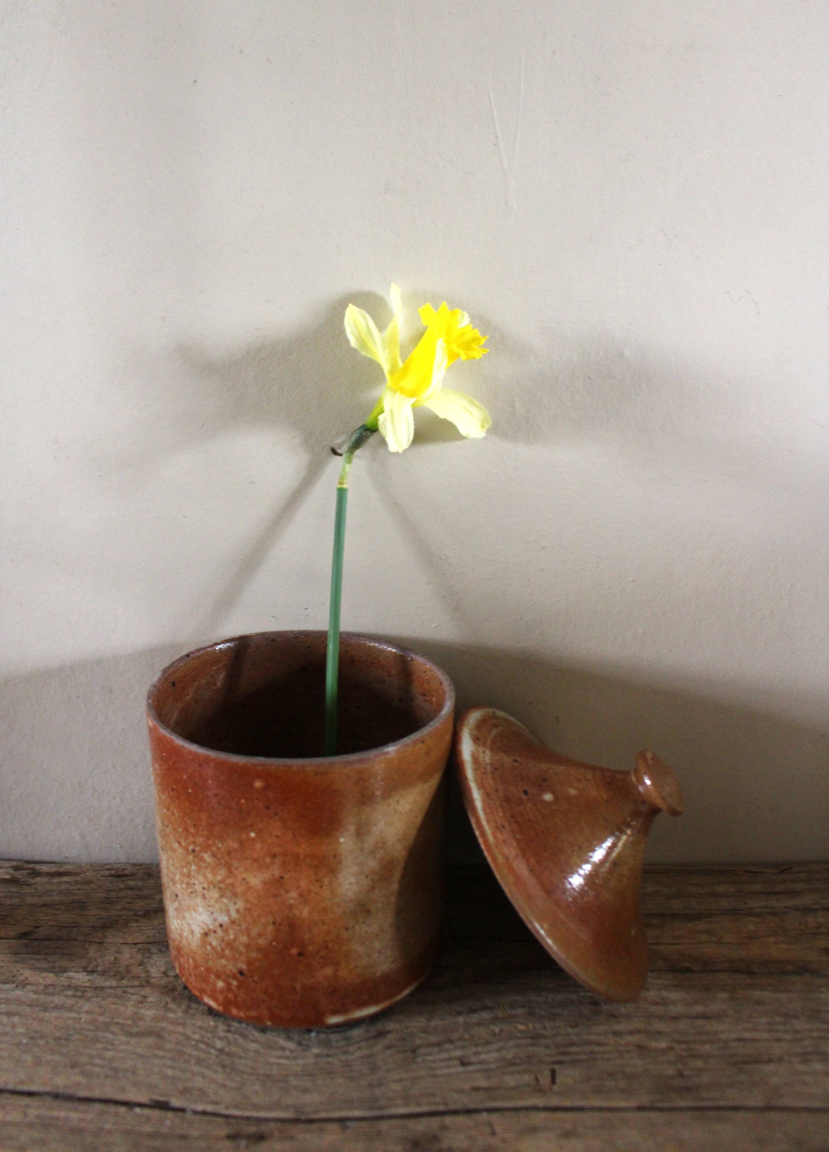 Vintage stoneware vase pot with lid