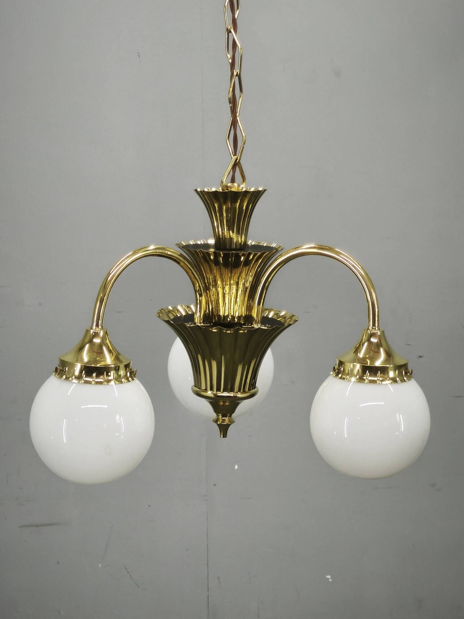 1930s Czechoslovak Art Deco Brass and Opaline Glass Chandelier