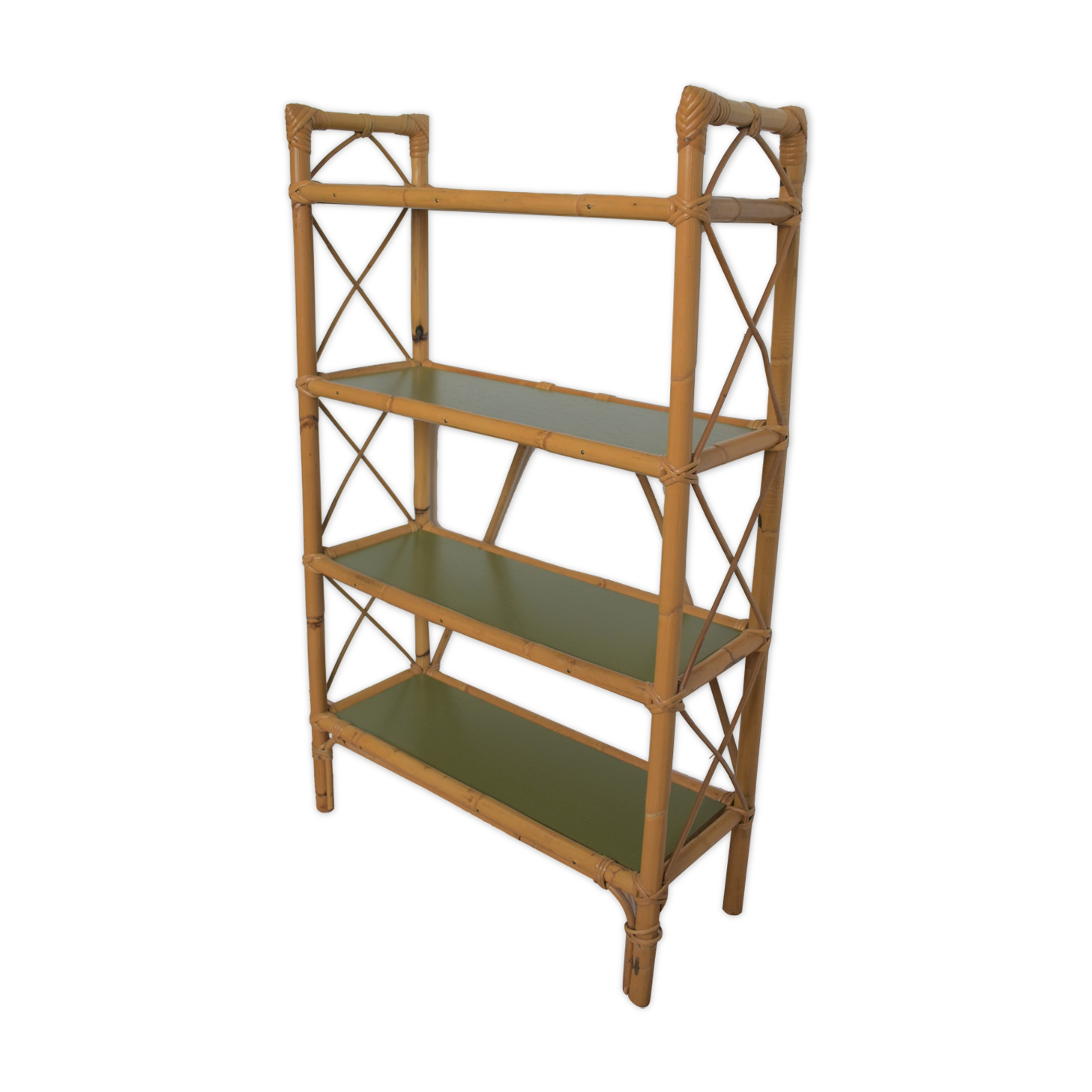 Khaki and rattan shelves