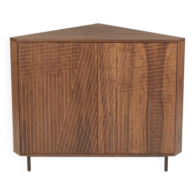 Console d’angle en noyer, buffet 2 portes, cabinet d’angle, motif lignes