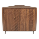Corner console in walnut, 2-door sideboard, corner cabinet, line pattern.