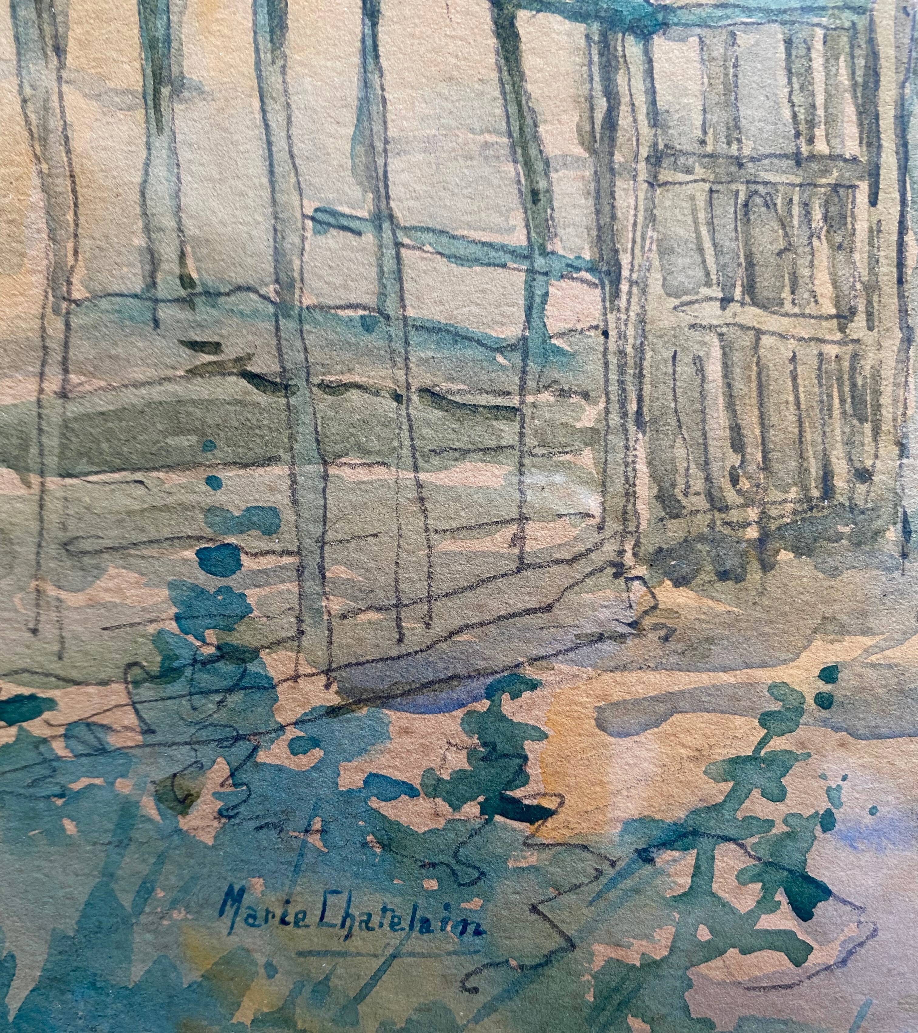 Watercolor painting "Maison Dieu" Marie Chatelain late NINETEENTH + frame