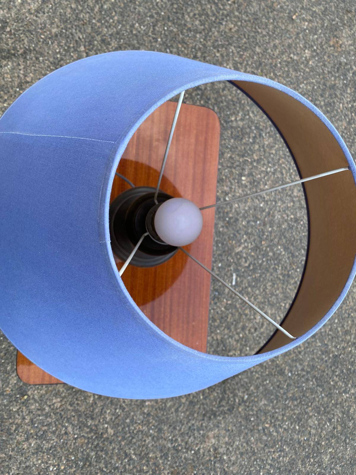 Vintage wooden bedside or table lamp with sky blue lampshade