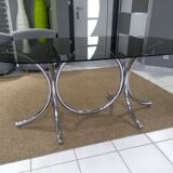 Glass table smoked oval vintage design 1970