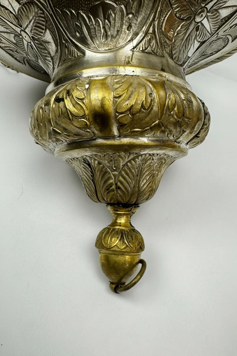 Ancient sanctuary lamp, silver-plated brass, winged angel, 130 cm.