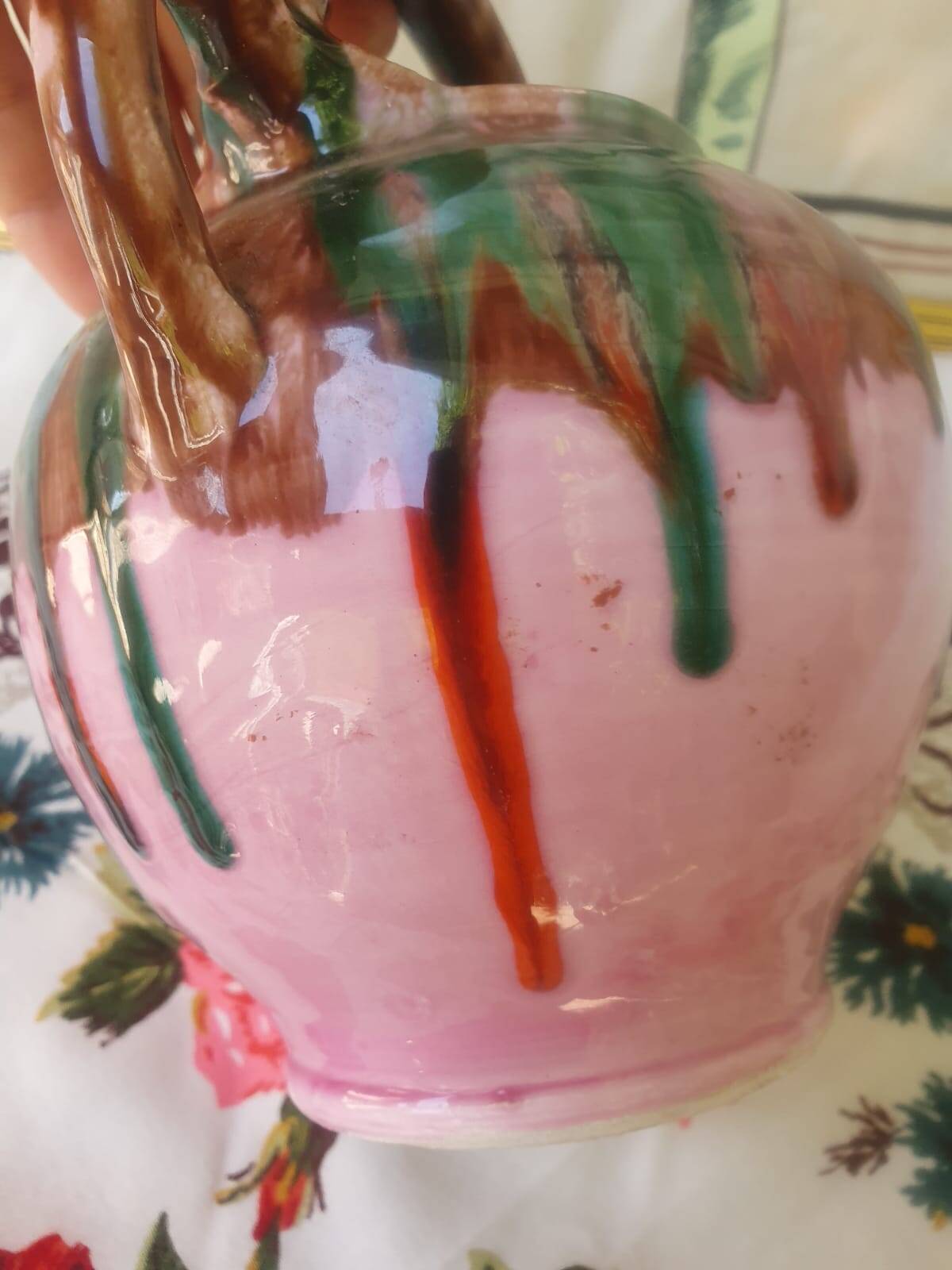 Jug pitcher Provençal earthenware glazed with pink and green glaze.