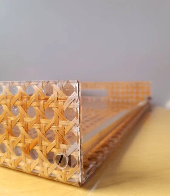 Cane and lucite tray, Alpac 1980