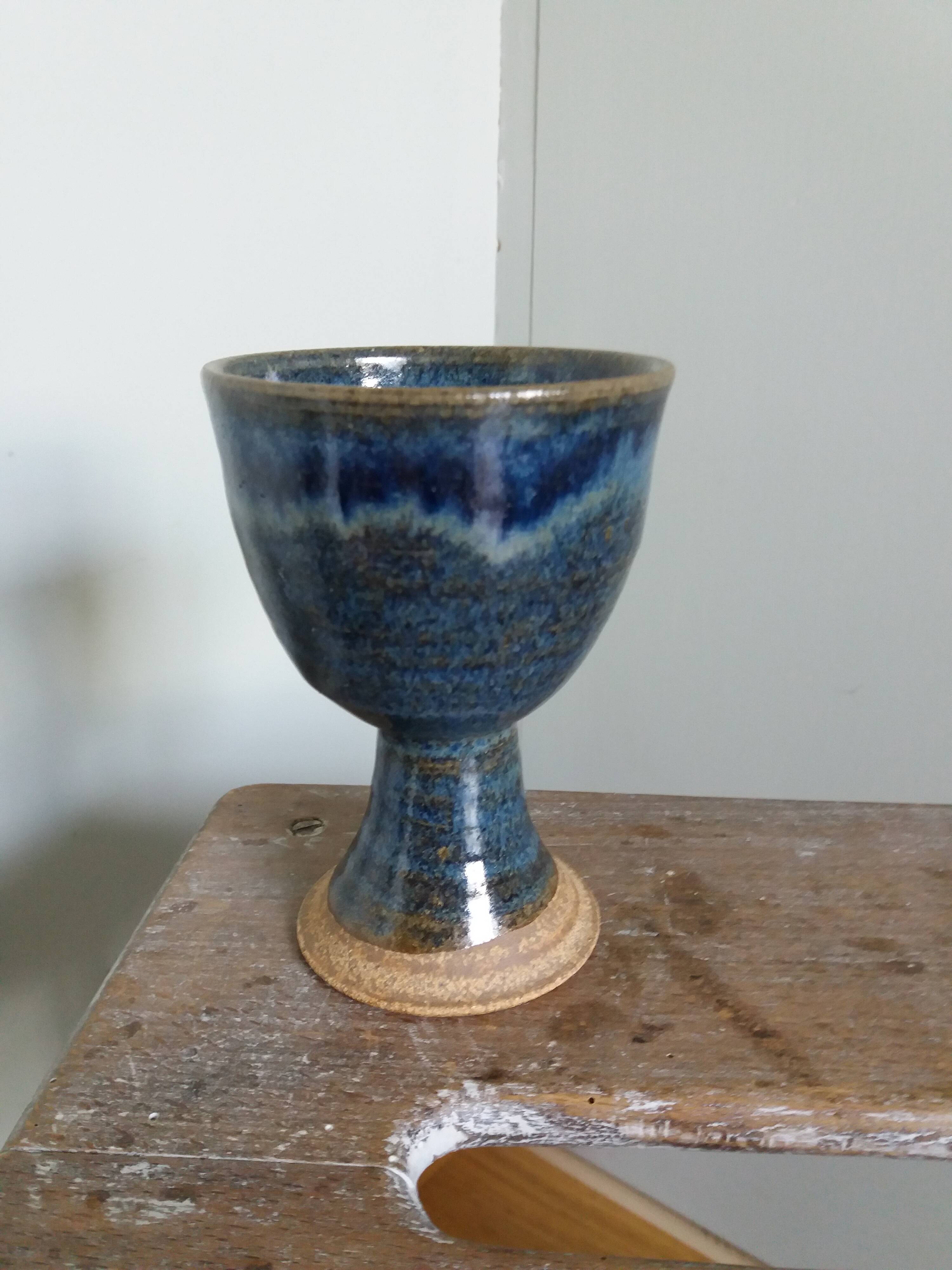 Chalice, cup in blue-glazed stoneware