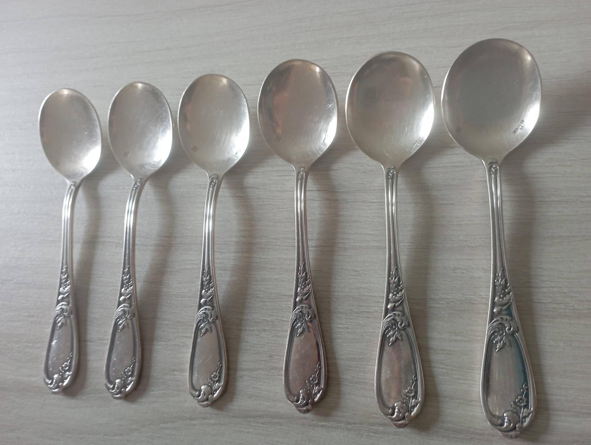 Set of 6 small silver metal spoons
