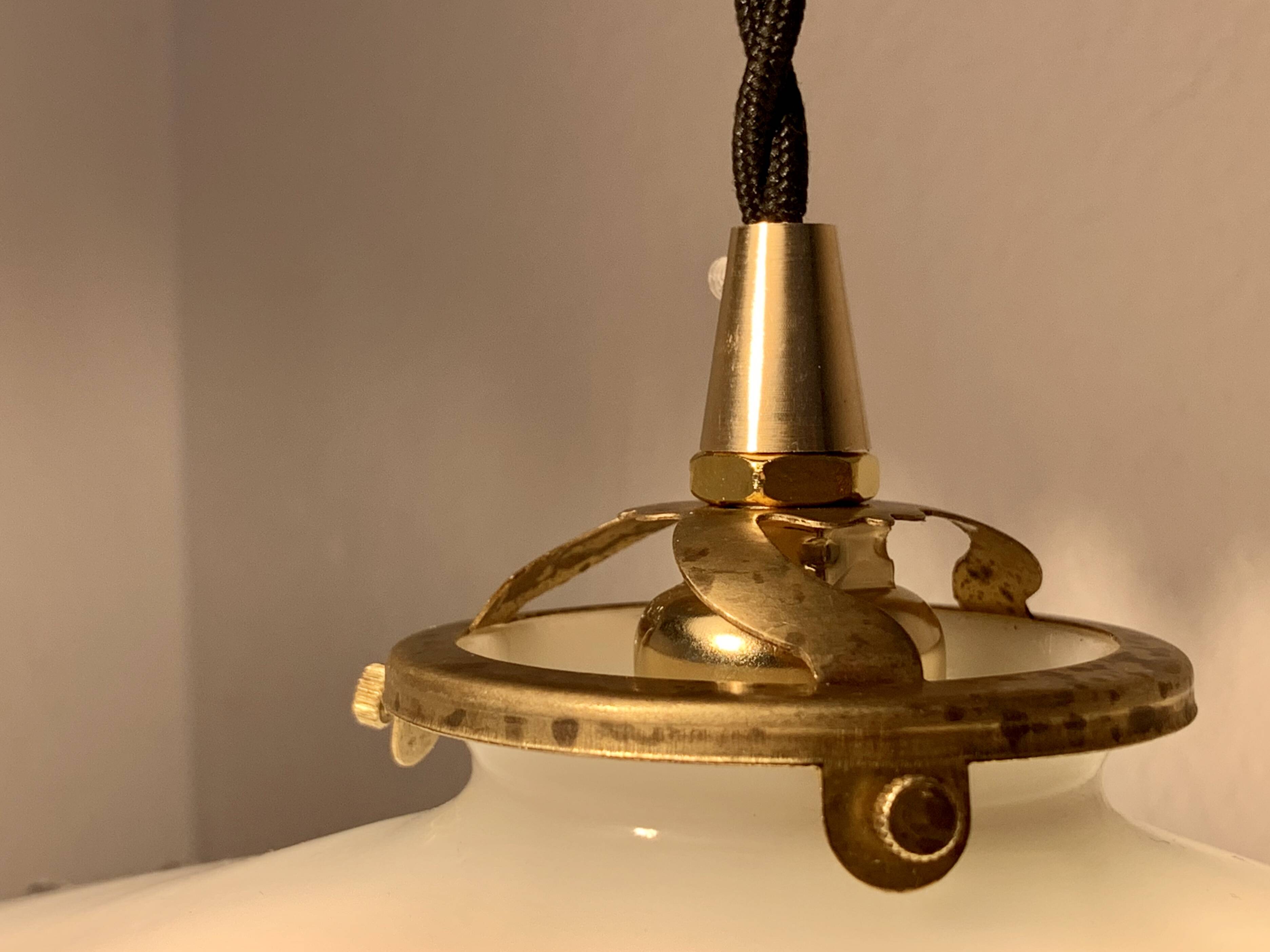 Pair of serrated opaline bistro pendant lights