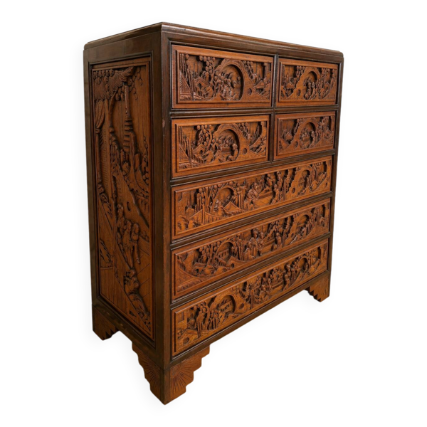Commode / chiffonnier asiatique en bois sculpté – XXe siècle ( omb)