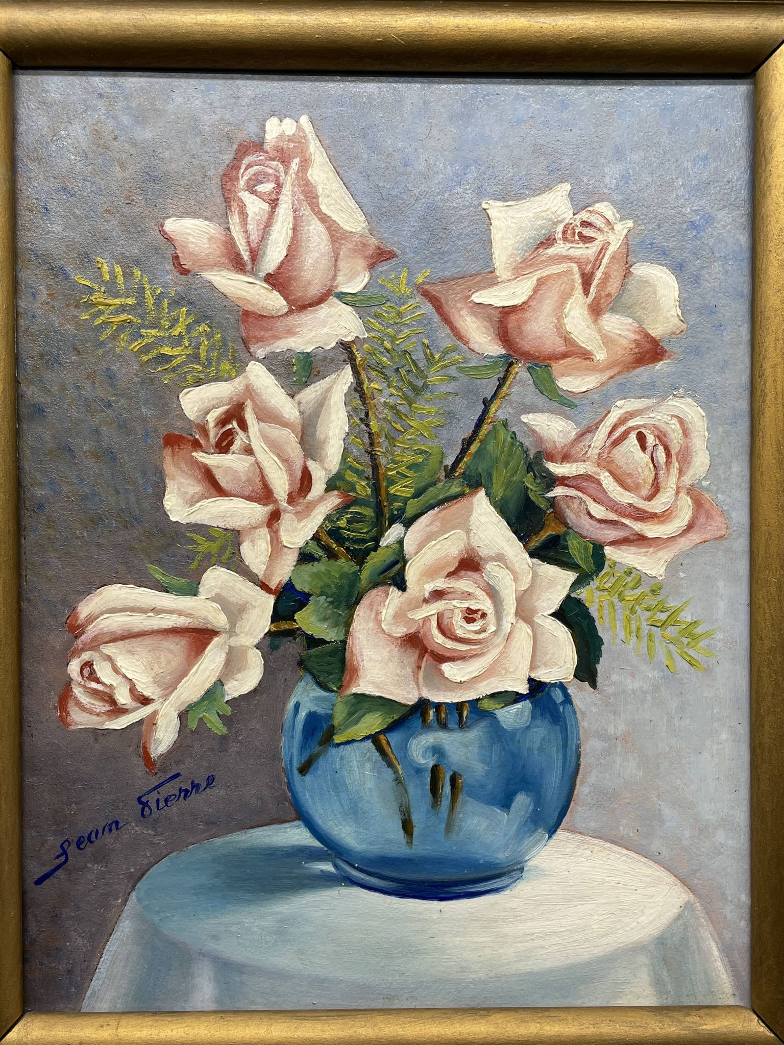 Still life with roses – Signed oil, blue vase, vintage gold frame