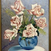 Still life with roses – Signed oil, blue vase, vintage gold frame