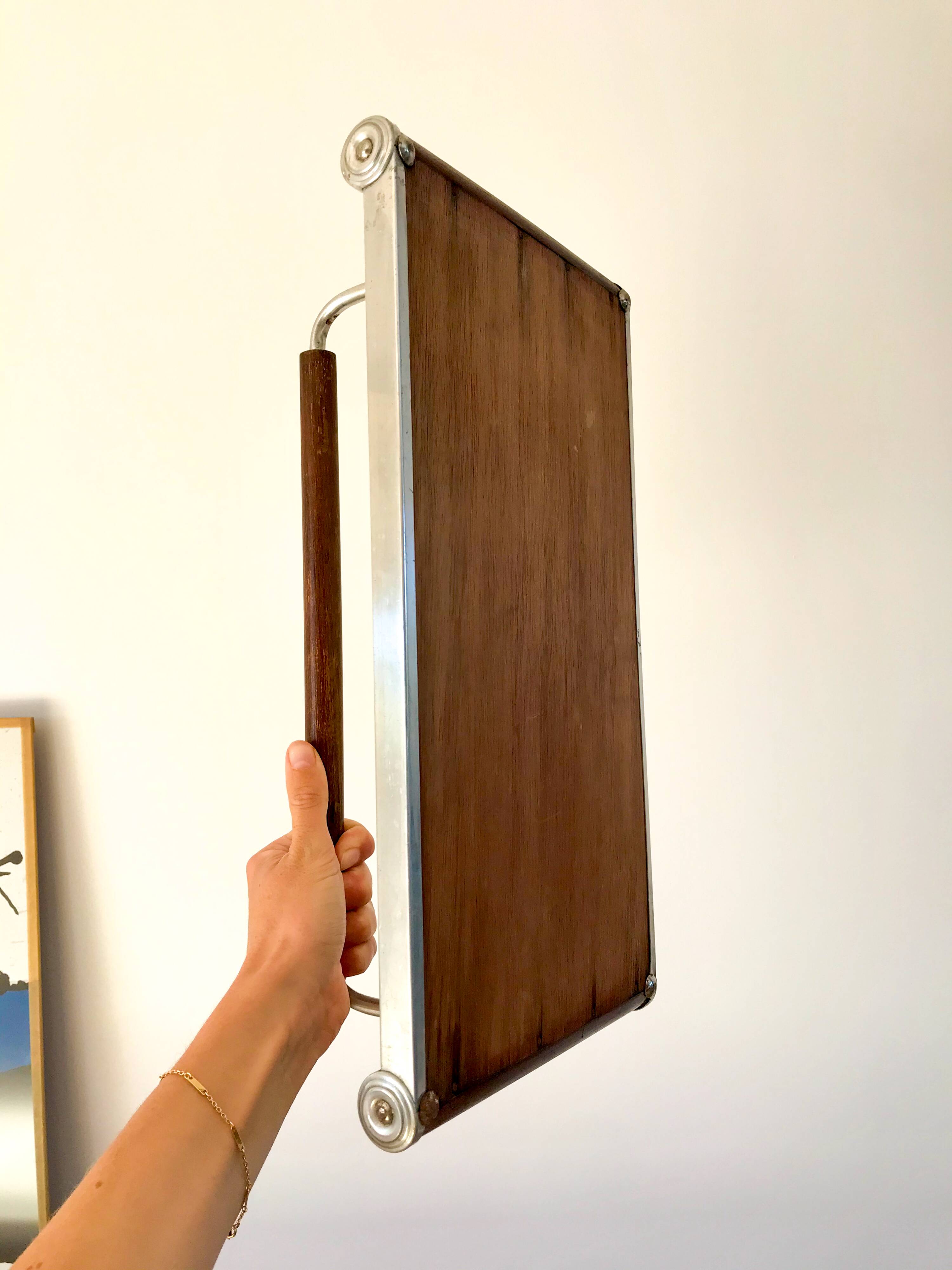 art deco wood and metal mirror tray with handle 1930s