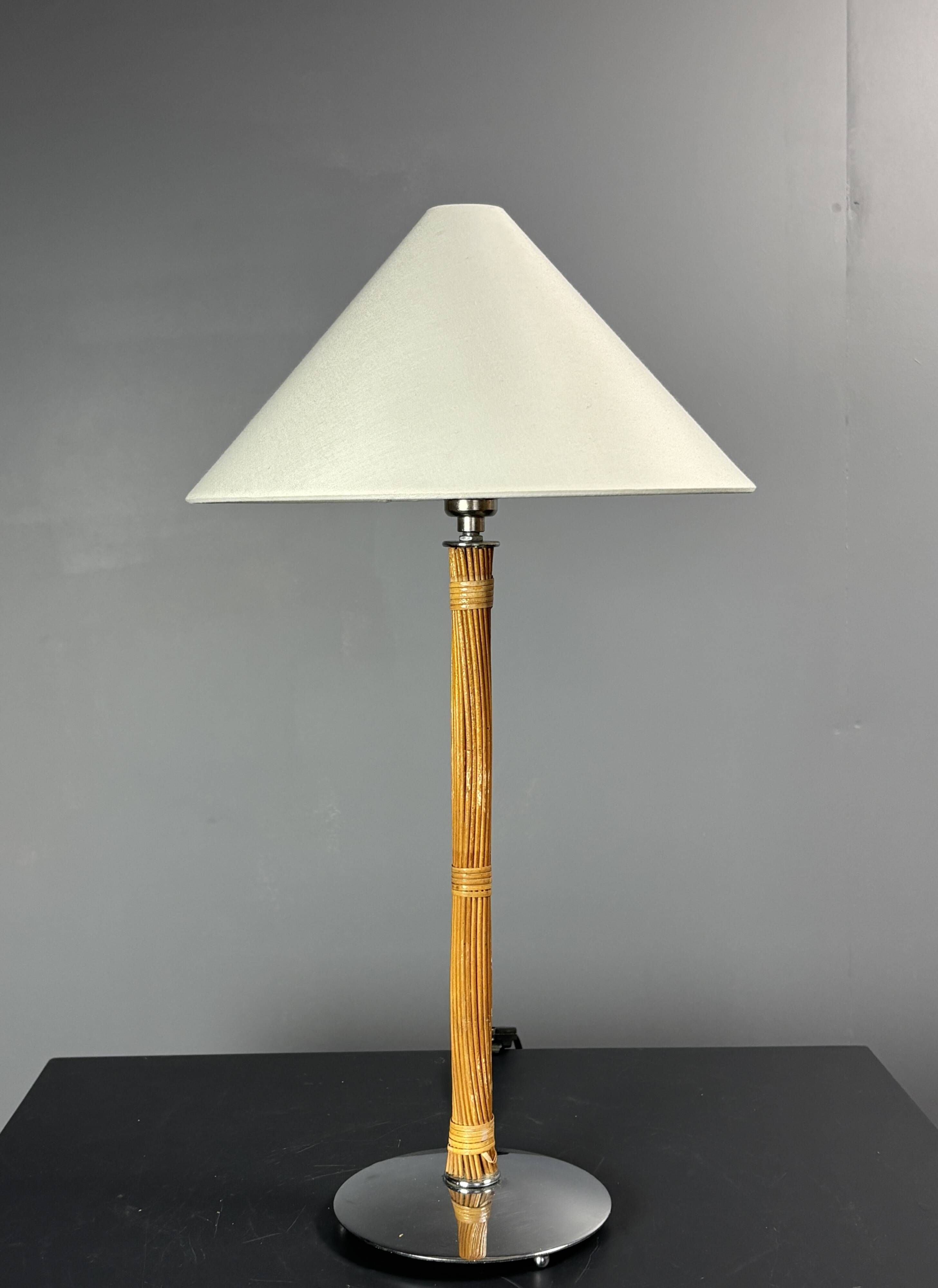 Set of 2 pencil reed rattan bamboo and chrome table lamps, 1980s