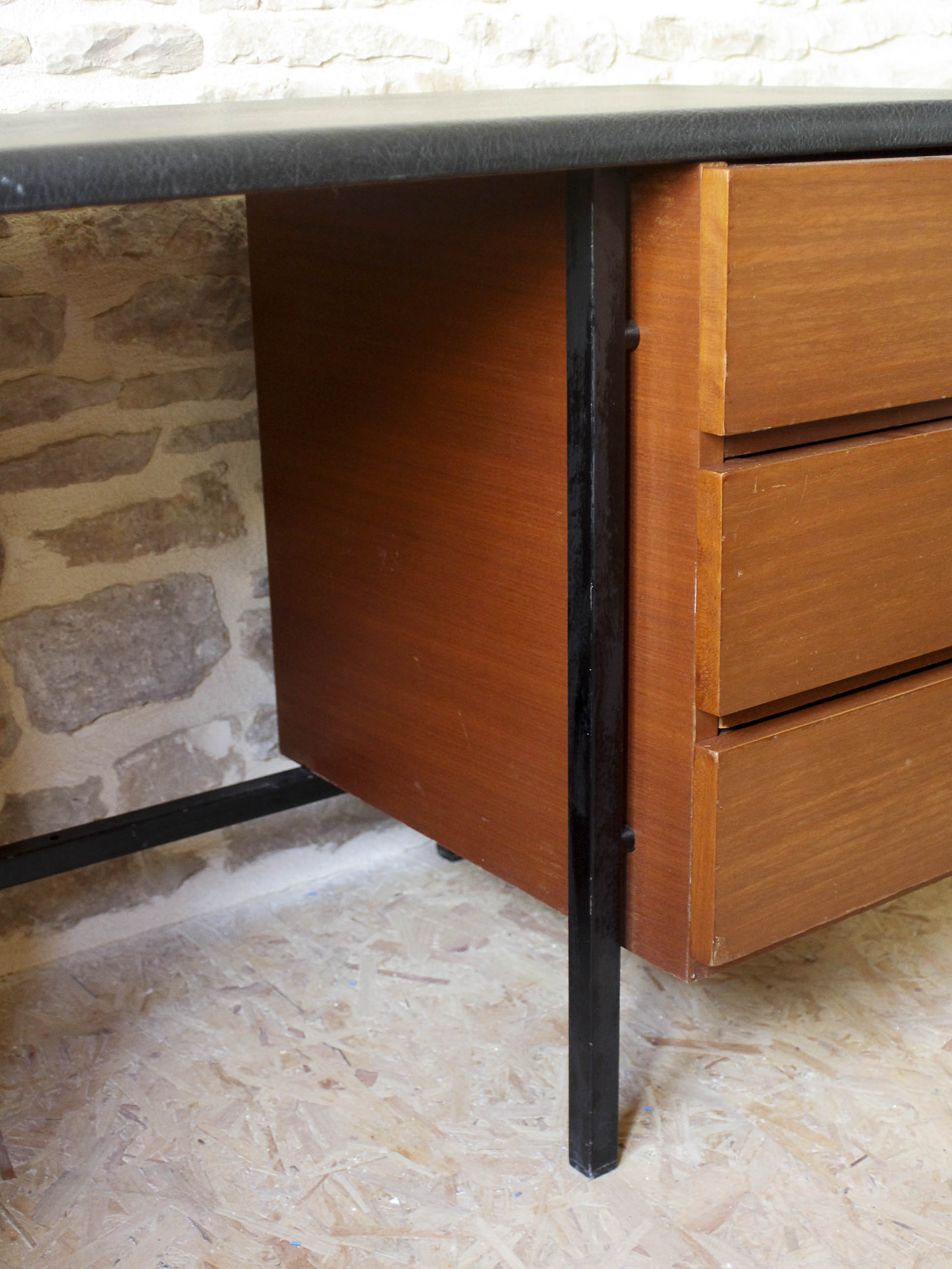 Desk 60s in metal wood and imitation leather