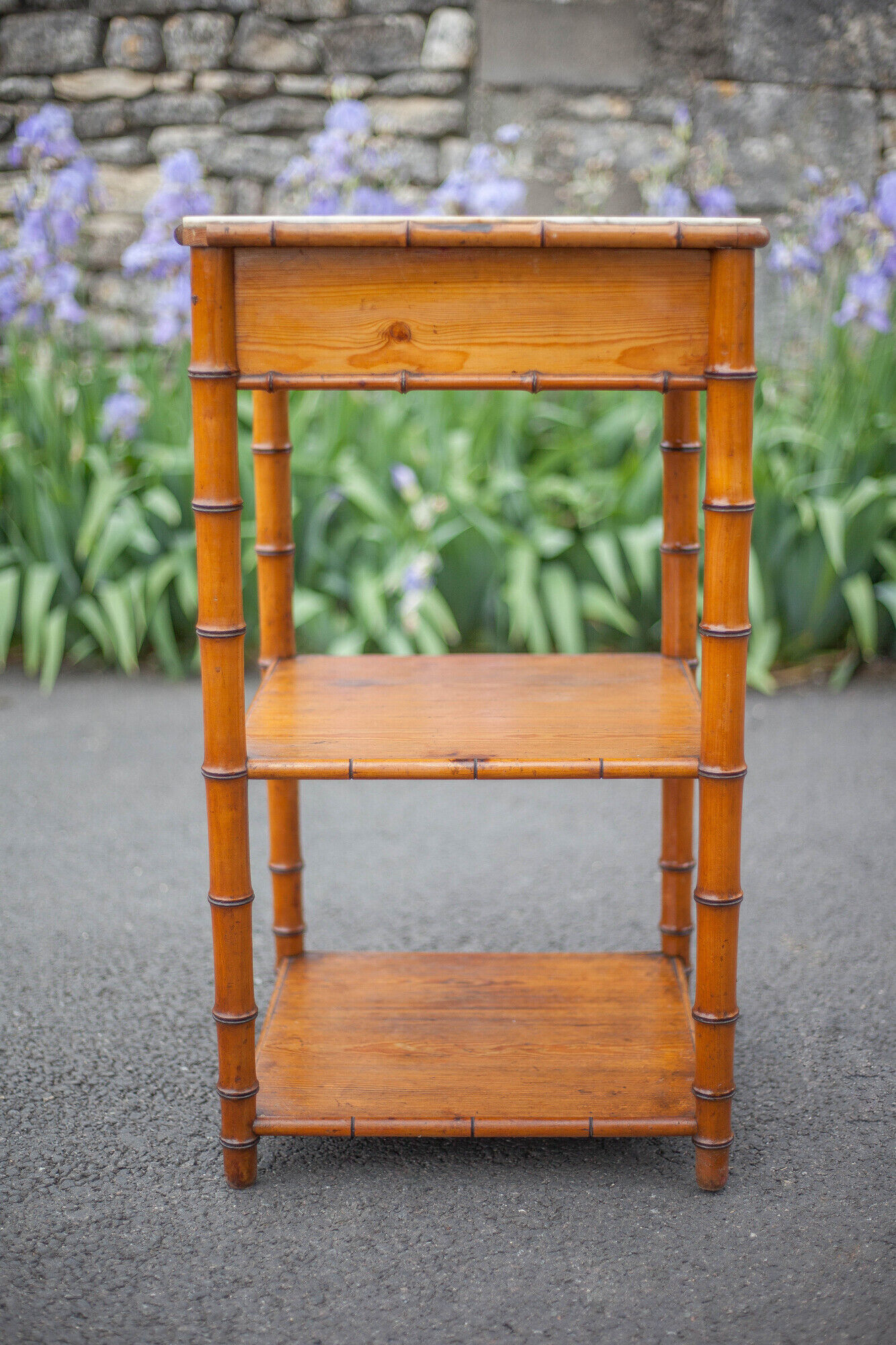 Bedside table wood imitation bamboo and marble colonial style, pedestal table, furniture 1 old drawer