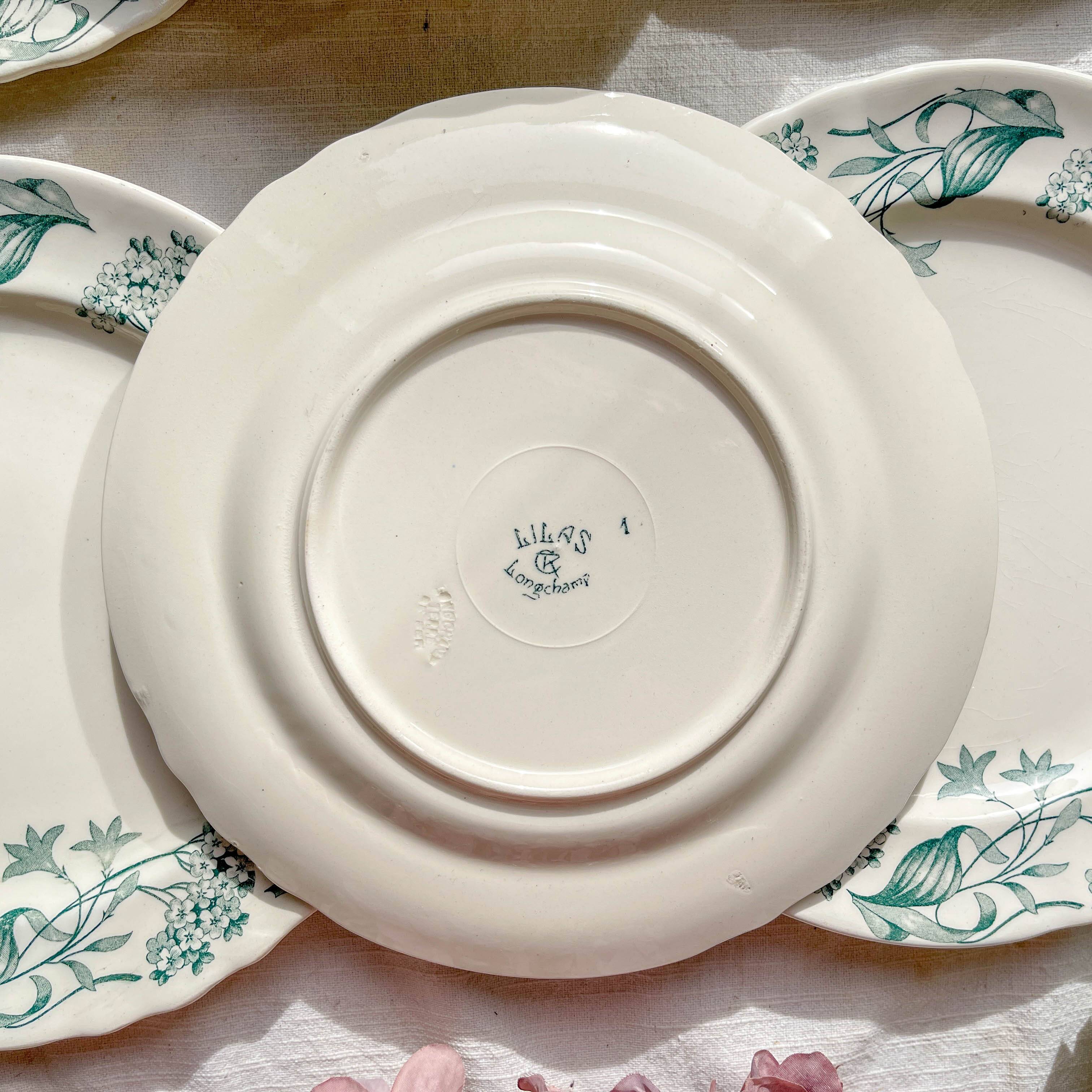 Set of 6 Antique Terre de Fer "Lilac" Longchamp Flat Plates, 19th Century