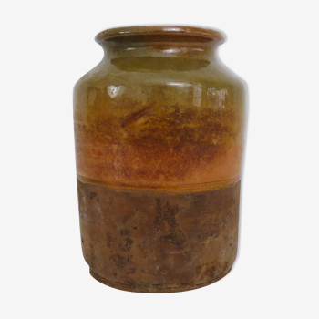 Pot à graisse en terre cuite jaune orange vernissé, année 50