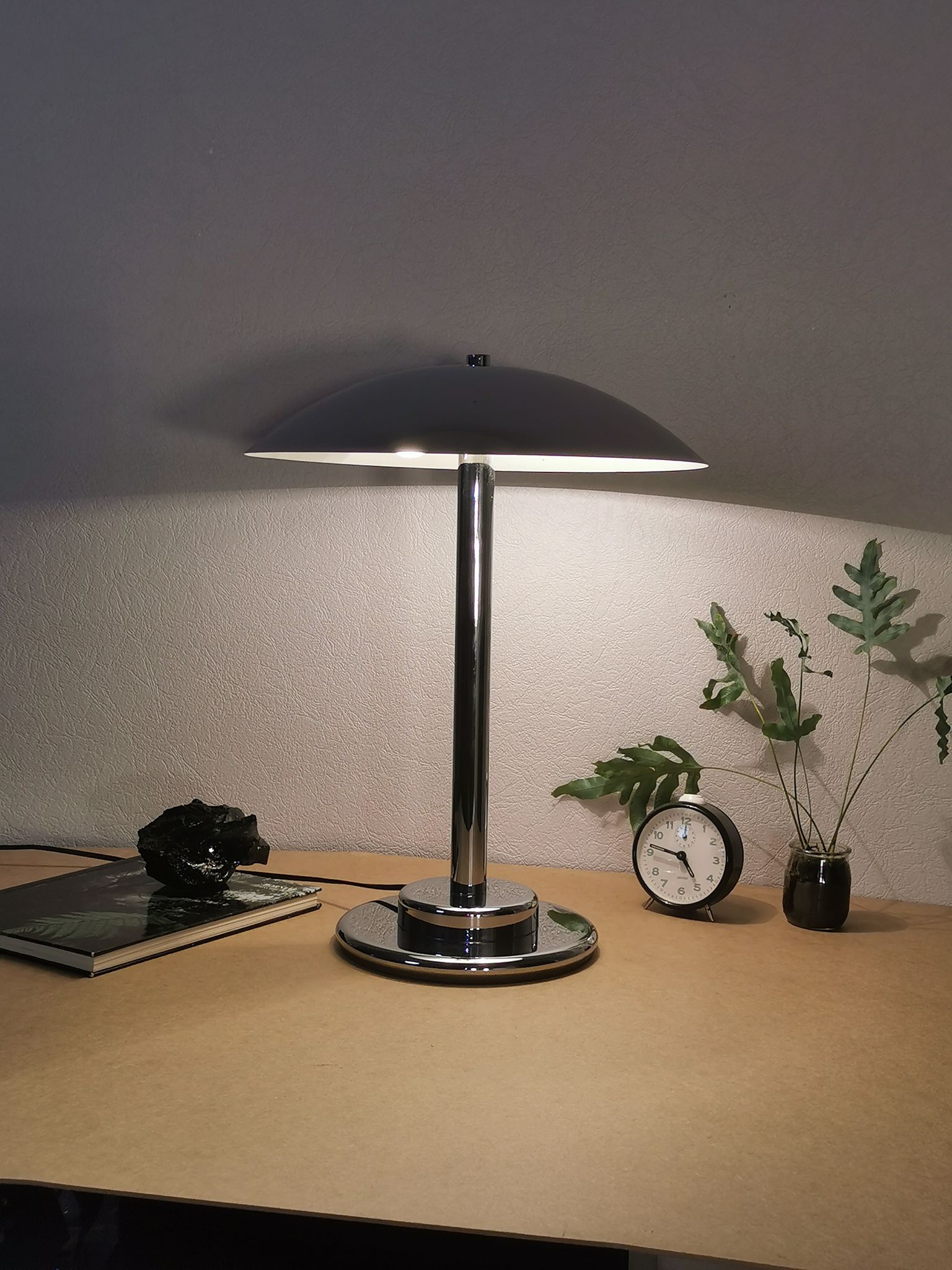 Mushroom lamp, chrome metal saucer, Aluminor, France, 1970