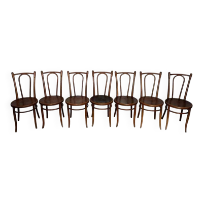 7 chaises bistrot pirogravées début XXème siècle Fischel Baumann Luterma