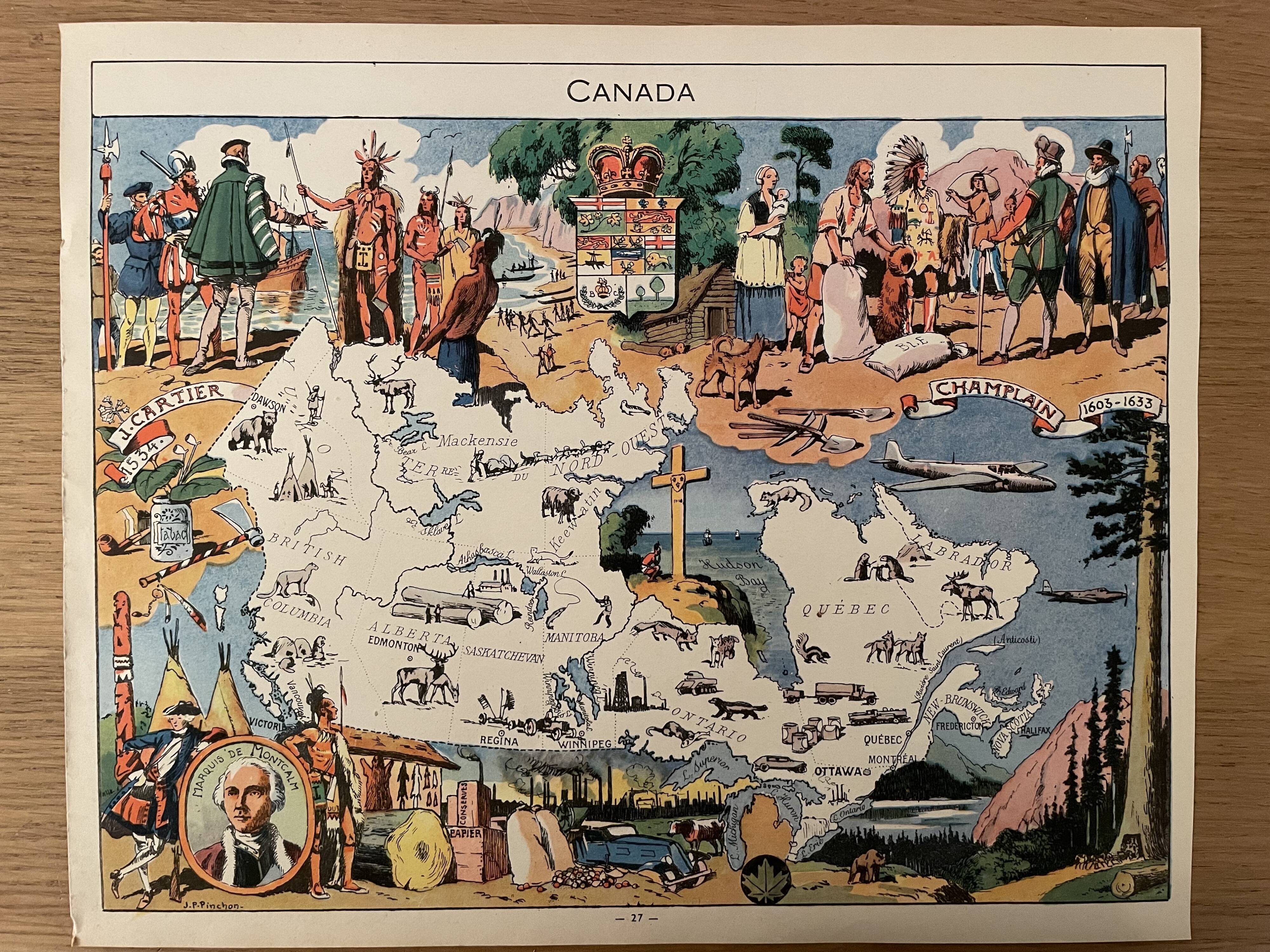 Affiche ancienne carte illustrée du canada de 1948 - jp pinchon
