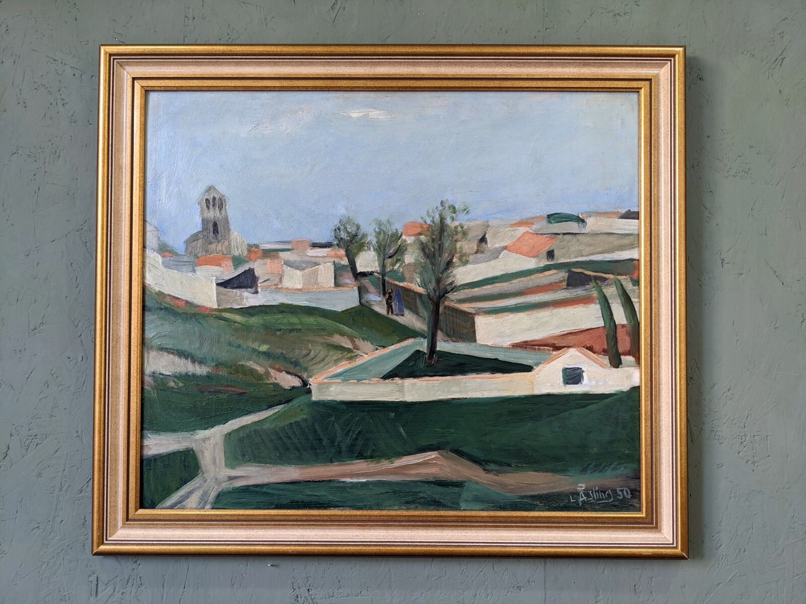 Mid-century modern swedish "slope" landscape, framed oil painting