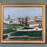 Mid-century modern swedish "slope" landscape, framed oil painting