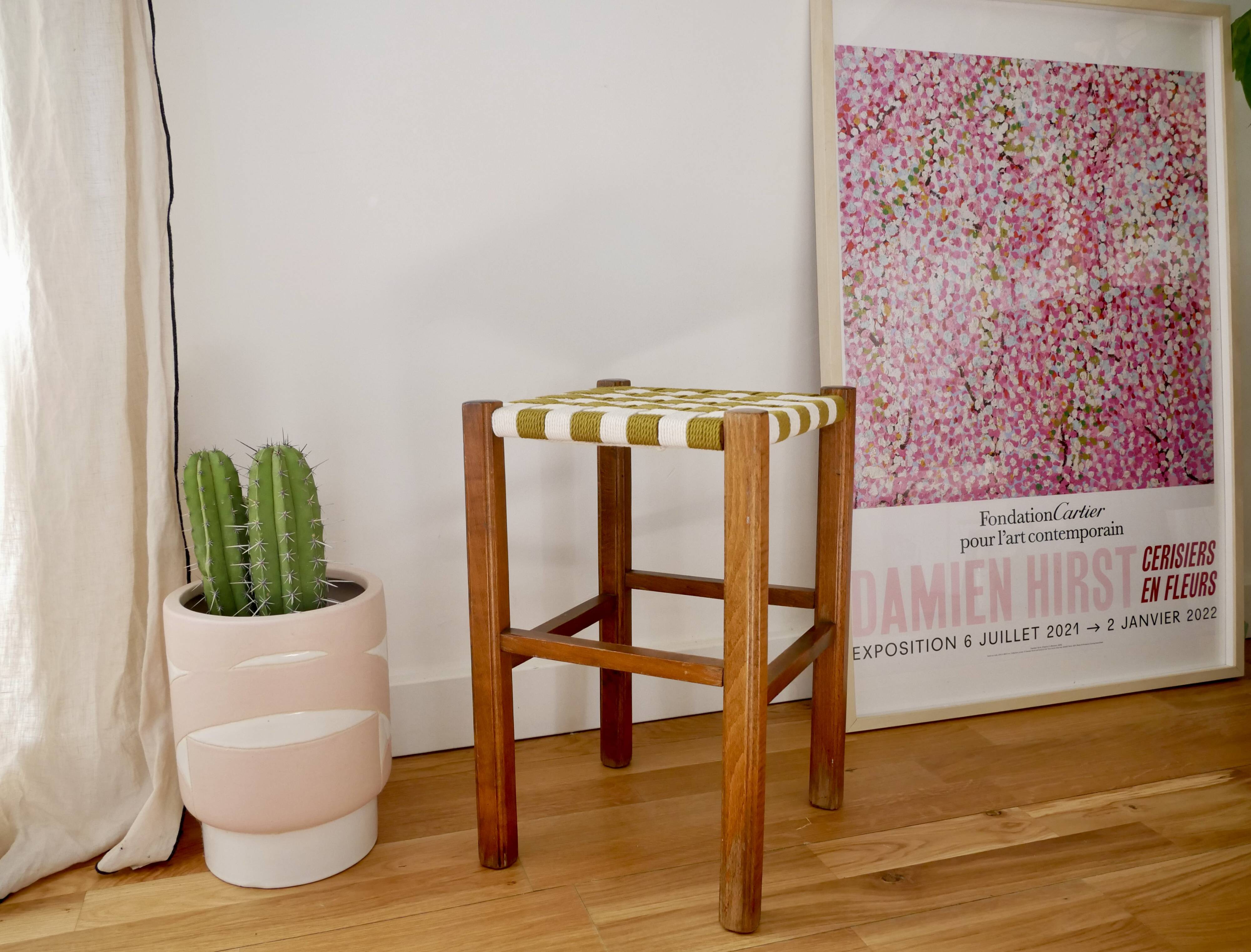 Wooden stool. Vintage stool. woven stool