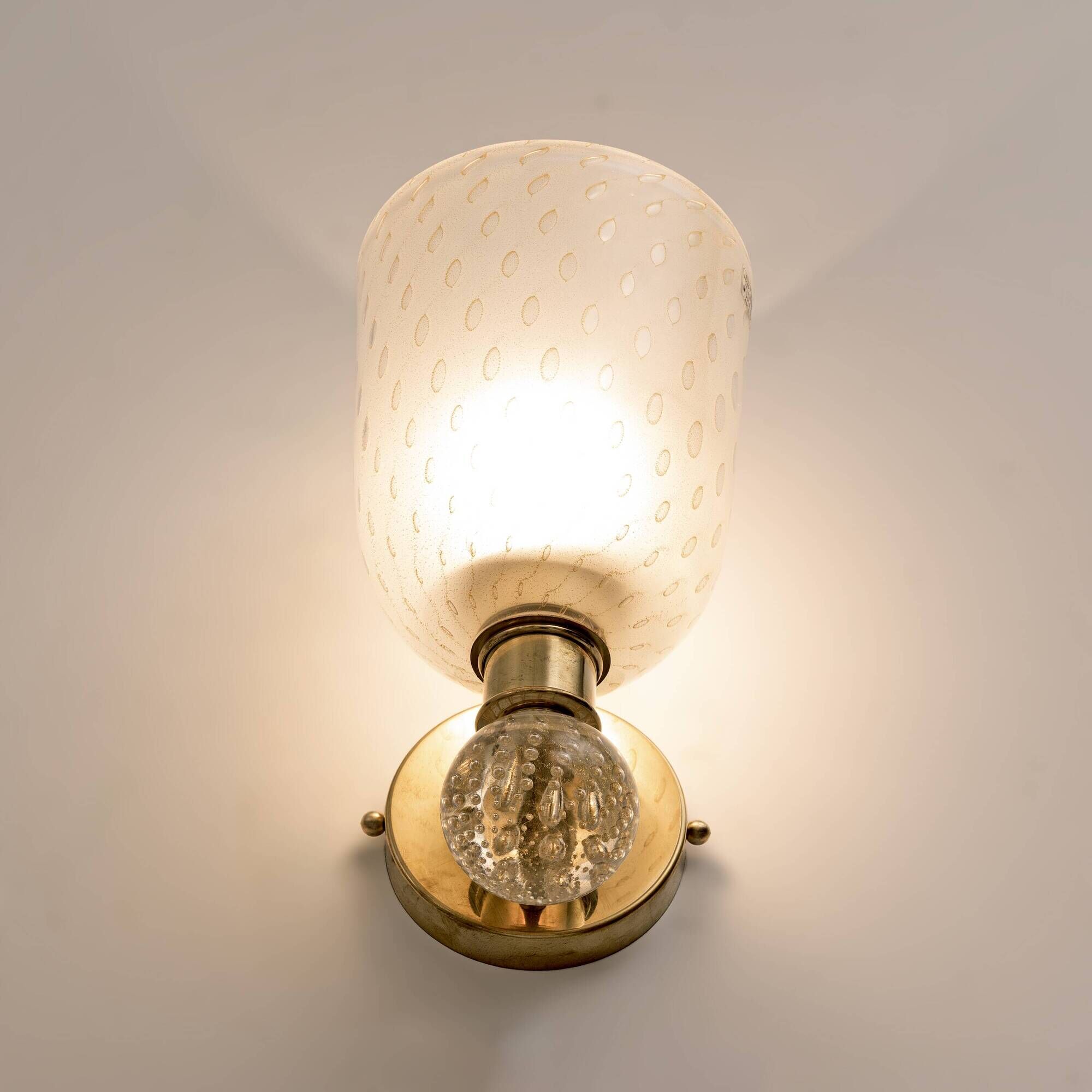 Pair of Murano Pulegoso Glass and Brass Wall Sconces, Italy