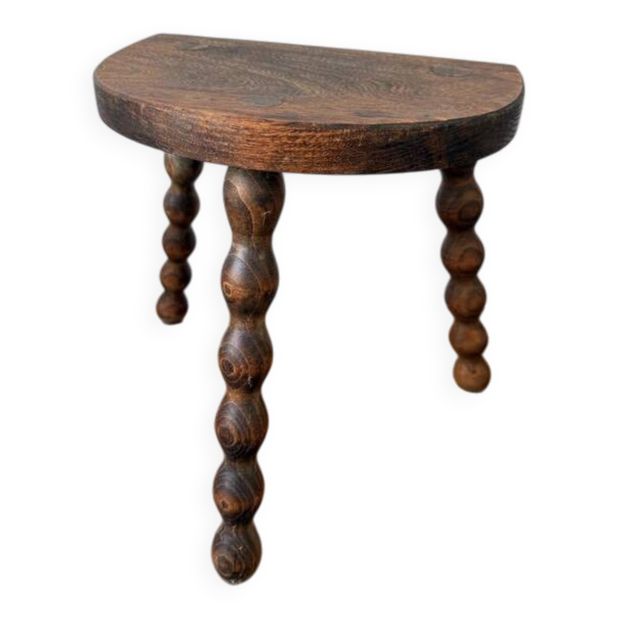Tabouret de traite ancien style brutaliste tripode en bois tourné