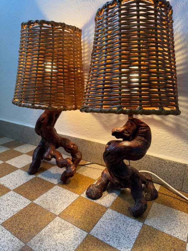 Lampes cep de vigne et rotin années 60 (X2)