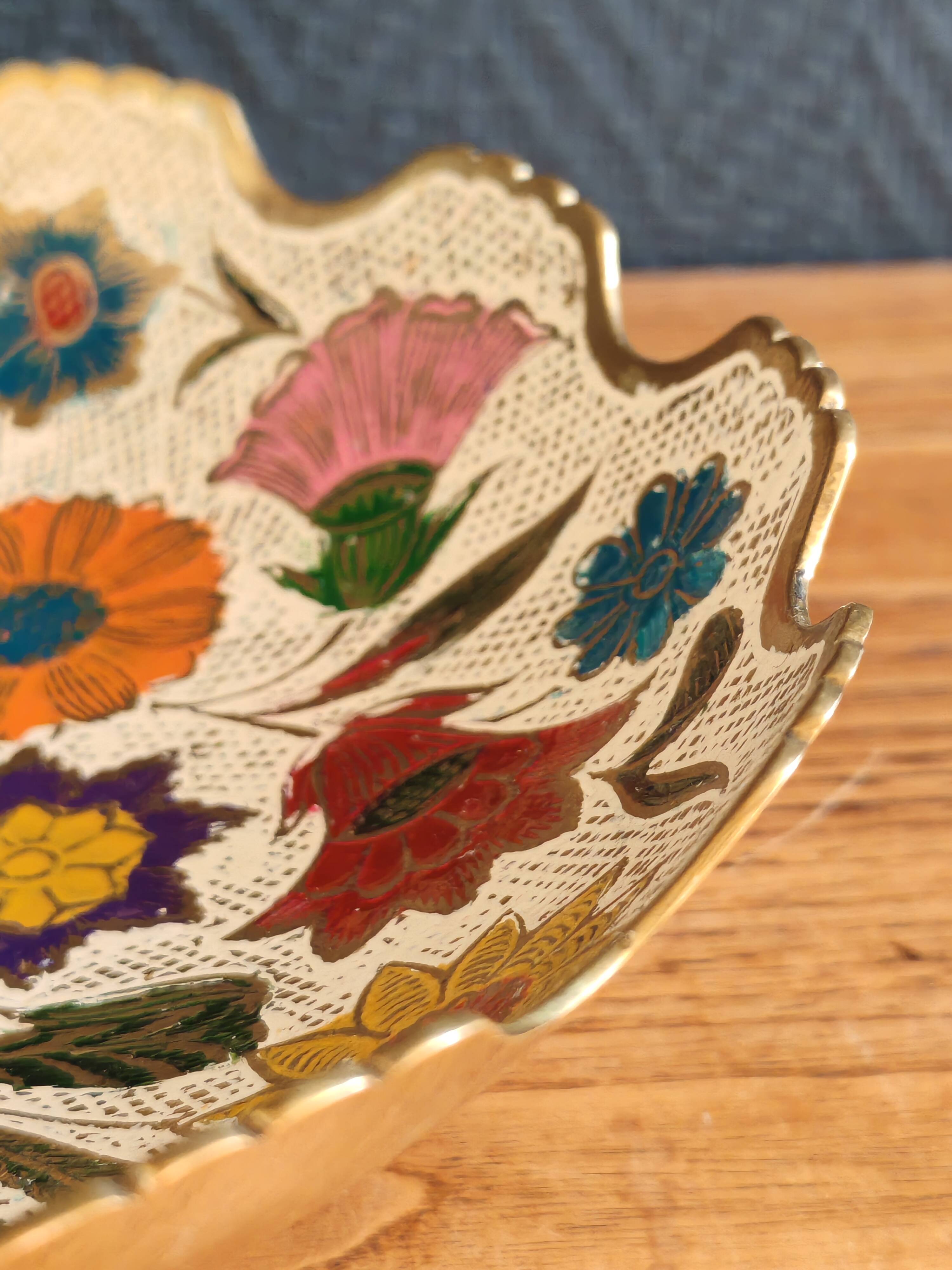Vintage Enamelled Brass Fruit Bowl – Floral Centrepiece with Edge Fe