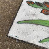 Vintage rectangular coffee table with ceramic inlaid flowers and steel.