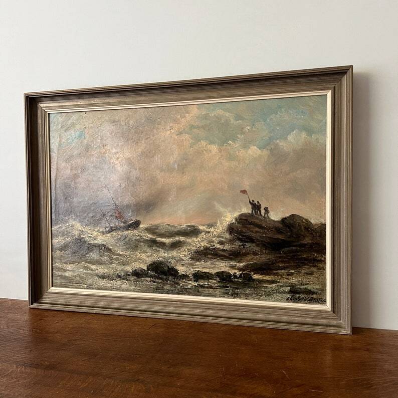 Peinture à l'huile de grand voilier vintage du milieu du siècle