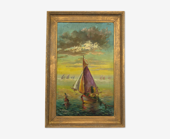 Huile sur toile vintage signée "Voilier au coucher de soleil", XXème