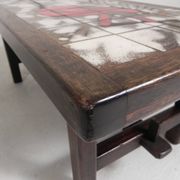 Square tile table from Vallauris, signed Dan with an image of a fantastic bird, 1960s.