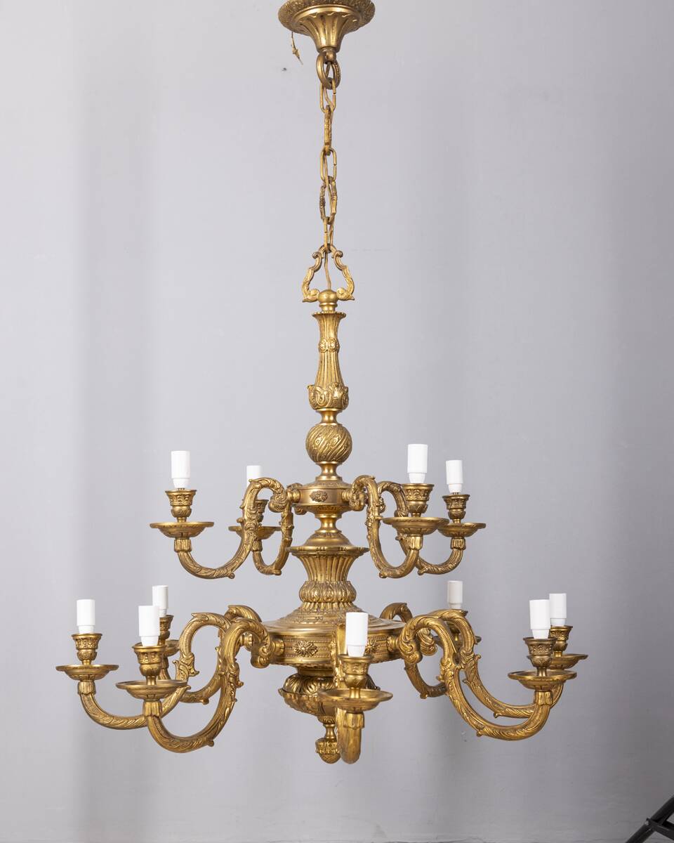 Classic 12 light golden bronze chandelier from the mid-20th century