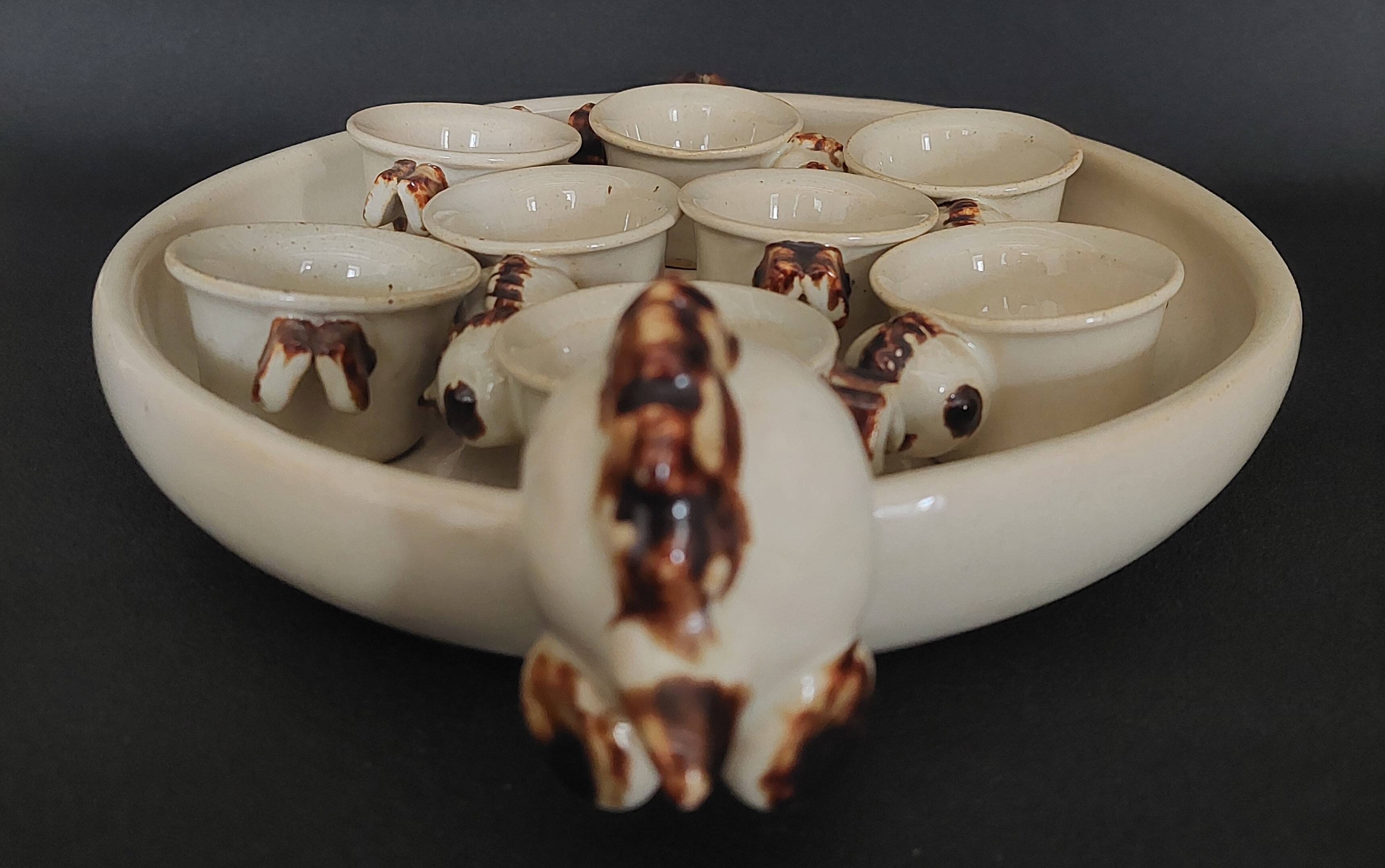 Egg cups with servant, series of eight stoneware signed arts ceram grand feu XX