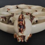 Egg cups with servant, series of eight stoneware signed arts ceram grand feu XX