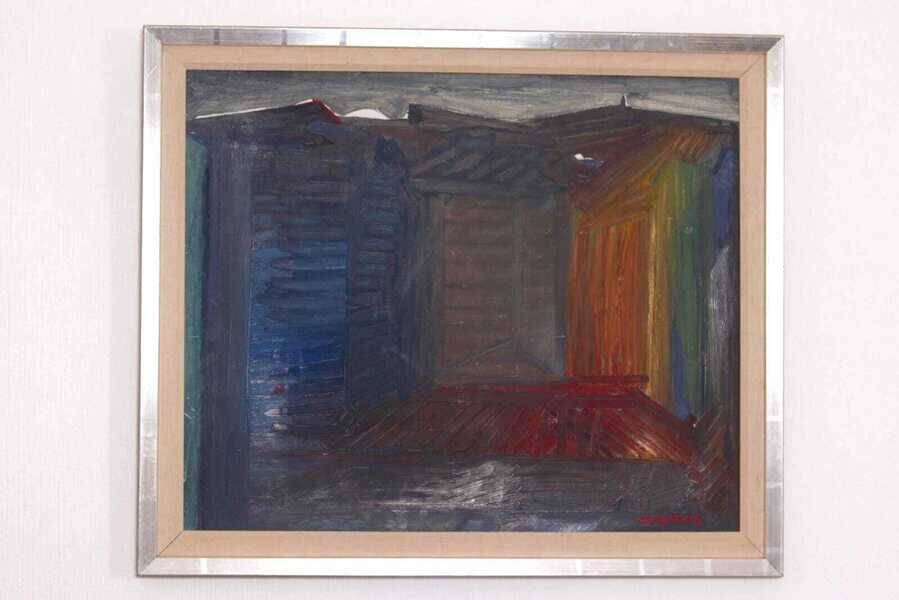 Original mid-century Swedish oil on panel – “City” by Tore Hultcrantz – vintage & framed – 74 × 62 cm (29.1" × 24.4")