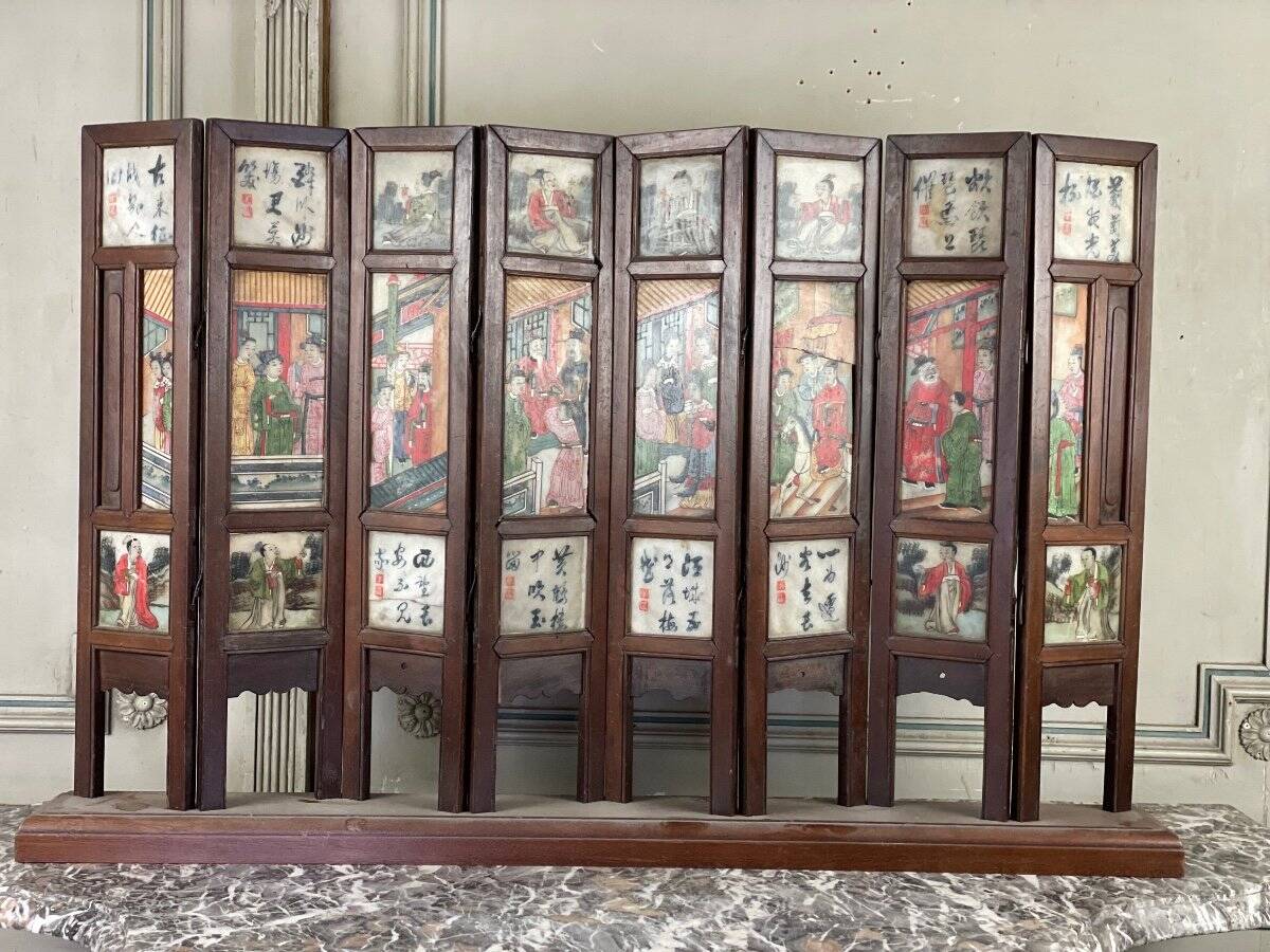 Chinese screen genre scene on alabaster