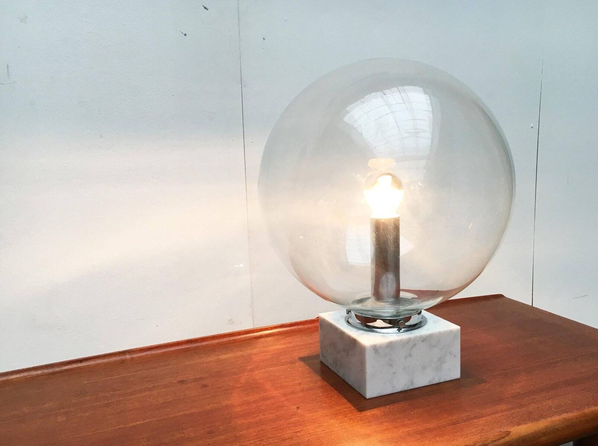 Mid-century glass and marble table lamp 3480 by Erco, 1960s.