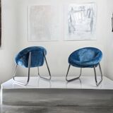 Pair of Italian Chrome and Blue Velvet Armchairs, 1970s